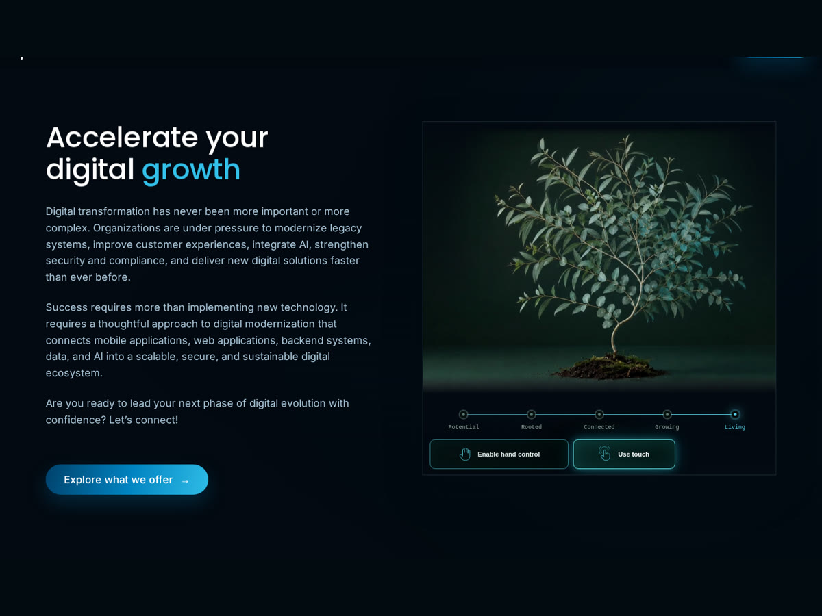 Atimi homepage with the interactive Living Growth eucalyptus integrated into the digital growth section